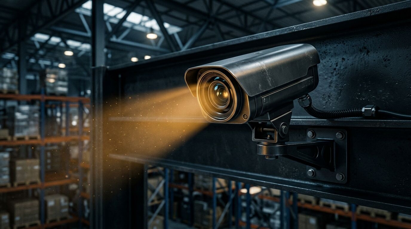 Depo koridoruna yüksekten bakan endüstriyel IP kamera